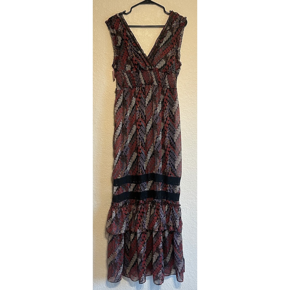 Hazel Women Red Purple Geometric Chevron Smocked Waist Tiered Maxi Dress L Boho